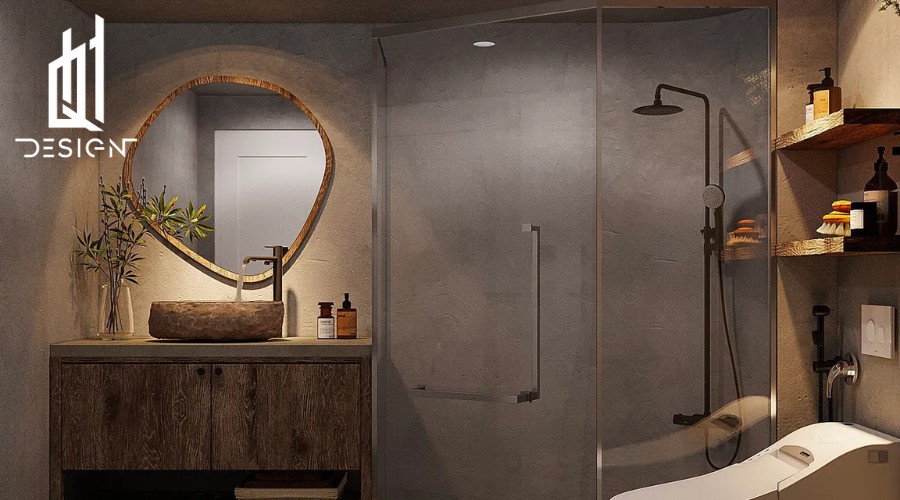 Phòng tắm dùng đá, gỗ và cây xanh tạo cảm giác spa thư giãn.